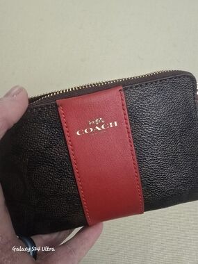 Coach Brown Zip Wallet with Red Center Strap